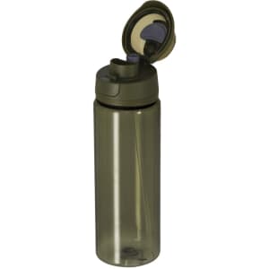 A drink bottle in an olive green shade with a flip-top lid and a straw. It features a logo on the body.