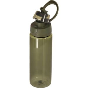 A drink bottle in olive green with a flip-top lid and a carrying loop, featuring a logo on the cap.