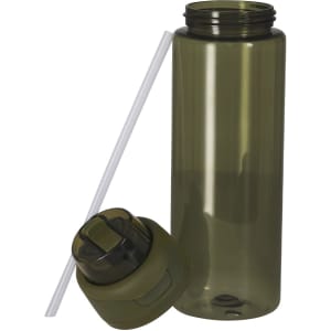 A drink bottle in olive green, featuring a removable lid and a straw. It has a logo on the side.