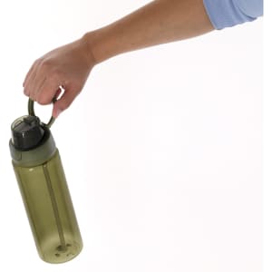 A drink bottle in olive green, featuring a carry handle and a black cap, held by a hand.