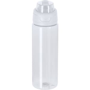 A drink bottle with a clear, transparent body and a white lid. It features a simple design and a logo.