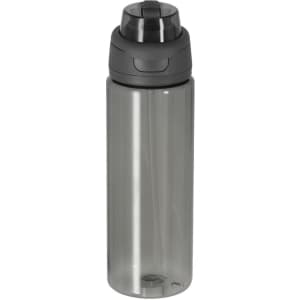 A drink bottle in a sleek grey colour, featuring a black screw-on lid and a built-in spout. It has a logo on the side.