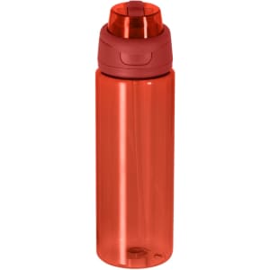 A drink bottle in a vibrant red colour with a secure, twist-on lid and a built-in spout. It features a logo.