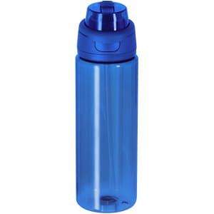 A drink bottle in a vibrant blue colour with a flip-top lid and a sleek, transparent body. It features a logo on the side.