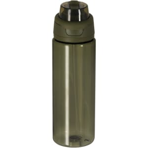 A drink bottle in a sleek greyish-green colour, featuring a secure lid and a modern design. It includes a logo on the body.