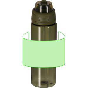 A drink bottle in olive green with a flip-top lid and a circular branded area.