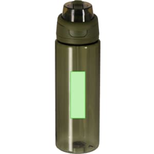 A drink bottle in olive green, featuring a flip-top lid and a blank area for custom branding.
