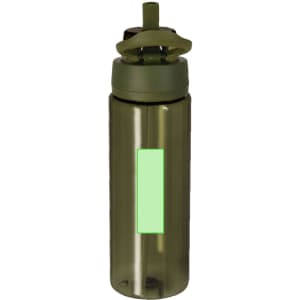 A drink bottle in olive green with a flip-top lid and a logo on the side.