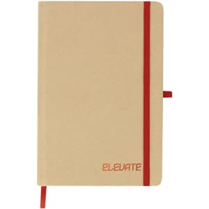 A beige notepad with a red elastic band and ribbon bookmark. It features a logo on the front cover.