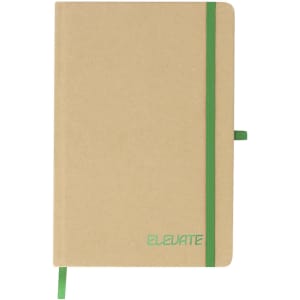 A kraft notepad with a green elastic band and ribbon marker, featuring a logo on the front cover.