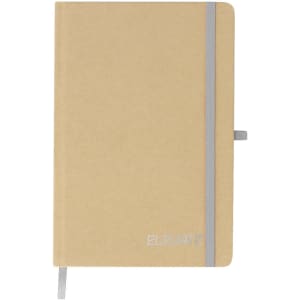 A beige notepad with a grey elastic band and bookmark, featuring a logo on the front cover.