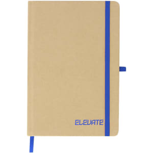 A kraft notepad with a blue elastic band closure and a matching blue ribbon bookmark. It features branding on the cover.