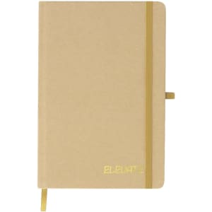 A brown notepad with a gold elastic band and ribbon bookmark, featuring a logo on the cover.