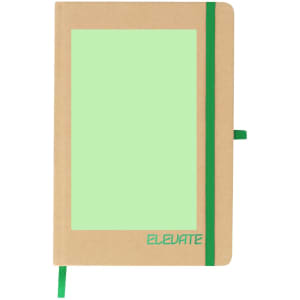 A notepad with a kraft cover, green elastic band, and a blank green area on the front. Contains a logo.