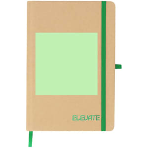 A notepad with a kraft brown cover, featuring a green elastic band and a blank green area on the front.