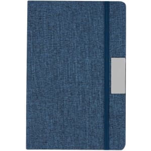 A blue fabric-covered notebook with a sleek silver clasp. The notebook features a subtle texture and a blue elastic band.