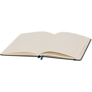 A navy blue notebook with lined pages, opened to reveal its interior. It includes a ribbon marker.