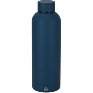 A dark blue stainless steel drink bottle with a sleek design and a logo at the base.