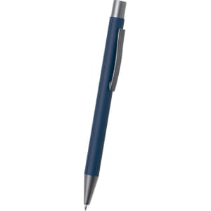 A navy blue pen with a silver clip and tip. The pen features a sleek design and has a logo on it.