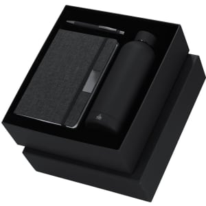 A drink bottle, notebook, and pen in a black gift box set, featuring a sleek, modern design.