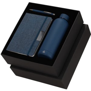 A navy drink bottle, notebook, and pen presented in a black gift box. The notebook has a textured cover.