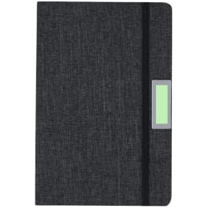 A dark grey notebook with a textured cover, featuring a black elastic band and a decorative logo area.
