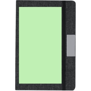 A black folder with a soft cover and a green interior, featuring a grey closure strap and a logo.