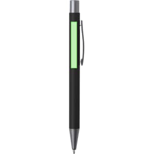 A black pen with a green accent and a clip, featuring a branding logo on its side.