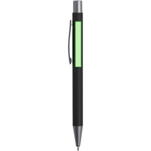 A black pen with a silver tip and clip, featuring a green accent. Includes a branding logo.