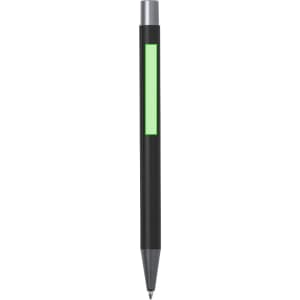 A black pen with a green highlight and a silver clip. Features a logo on the barrel.