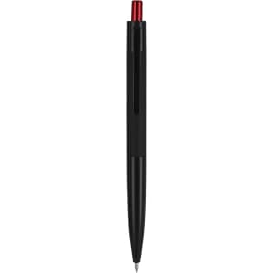 A metal pen featuring a sleek black body and a red top, with a clip and a branding logo.