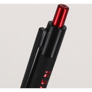 A metal pen with a sleek black body and a glossy red tip, featuring a logo on the side.
