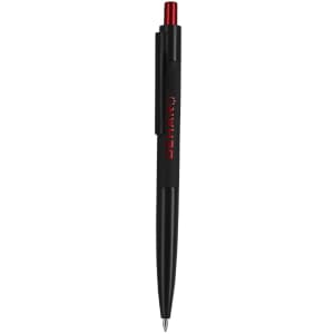 A metal pen in black with a red click top and a clip, featuring a logo on its body.