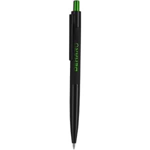 A metal pen featuring a black body and a green clip, with a logo displayed on the side.