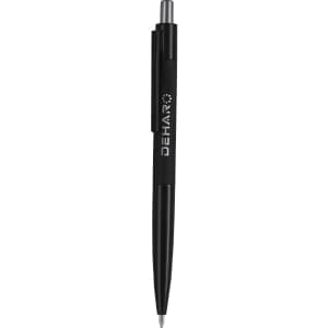 A metal pen in black with a clip and a branding logo on the side.