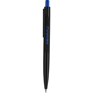 A metal pen in black with a blue accent, featuring a clip and a logo.