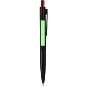 A black metal pen with a green section and a red top. The pen has a clip and features a logo.