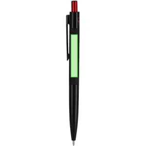 A metal pen in black with a green section and a red top. It features a clip and a logo.