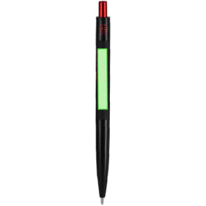 A metal pen featuring a black body with a bright green section and a red top. It includes a branding logo.