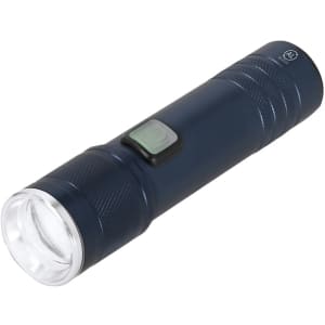 A navy blue torch featuring a textured grip and a prominent on/off switch. It has a circular light at one end and a logo.