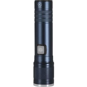 A dark blue torch with a textured grip and a button, featuring a logo on the body.