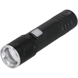 A black torch with a silver bezel and a textured grip, featuring a power button and a small logo.