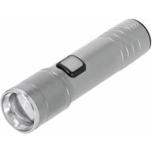 A silver torch with a textured grip and a button for operation, featuring a front lens. It has a logo on the body.