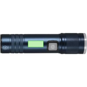A dark blue torch with a textured grip, featuring a green accent and a power button, and includes branding.