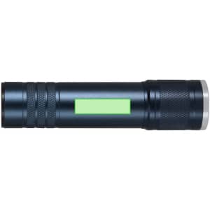 A dark blue torch featuring a textured grip and a silver end. It has a rectangular green area for branding.