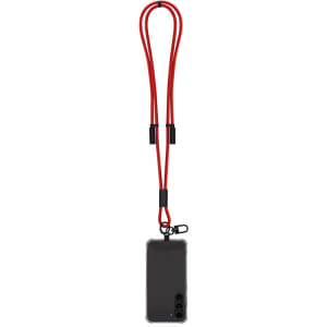 A charging cable with a red lanyard design, featuring a black connector and logo.