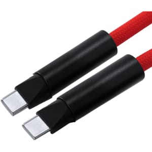 A charging cable featuring red braided design with black connectors at both ends. It has a logo on the cable.