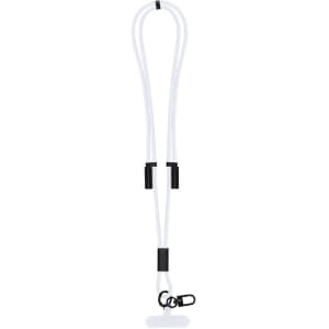 A white charging cable holder with black accents, featuring a clasp for attachment.