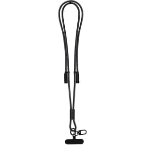 A black charging cable holder with two loops and a clip for securing. It features a simple and functional design.