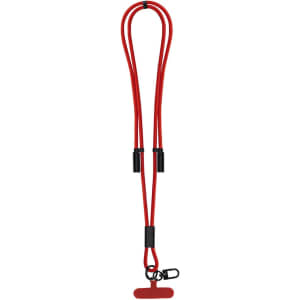 A red charging cable with dual connectors and a clip for easy attachment, featuring durable construction and branding.